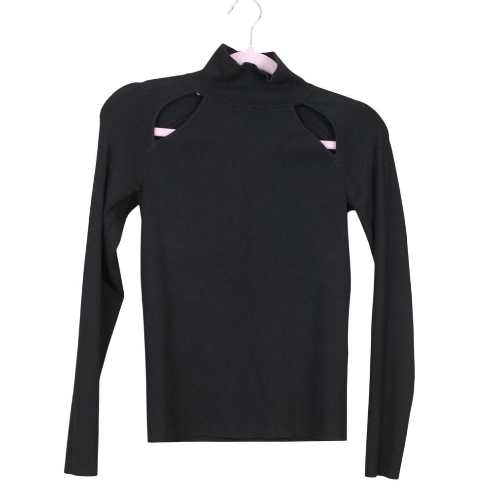 Alice + Olivia Classics Black Fitted Long Sleeve Ribbed Mock Cut Out Top Size S